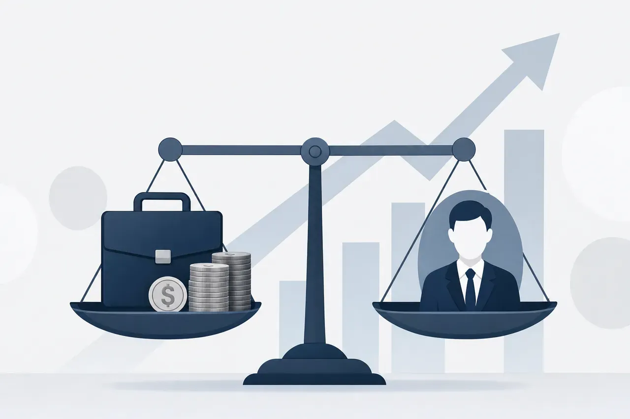 A balance scale weighing recruiter salary against rising cost of hiring