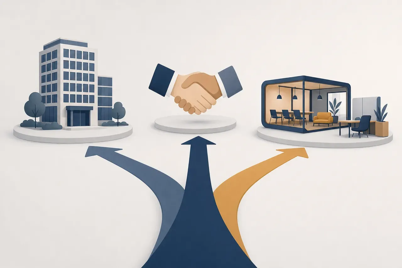 Three branching paths representing in-house, agency, and fractional hiring routes