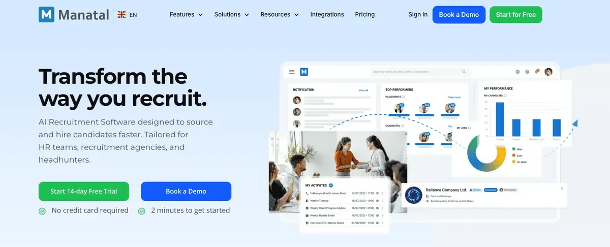 Screenshot of the Manatal homepage
