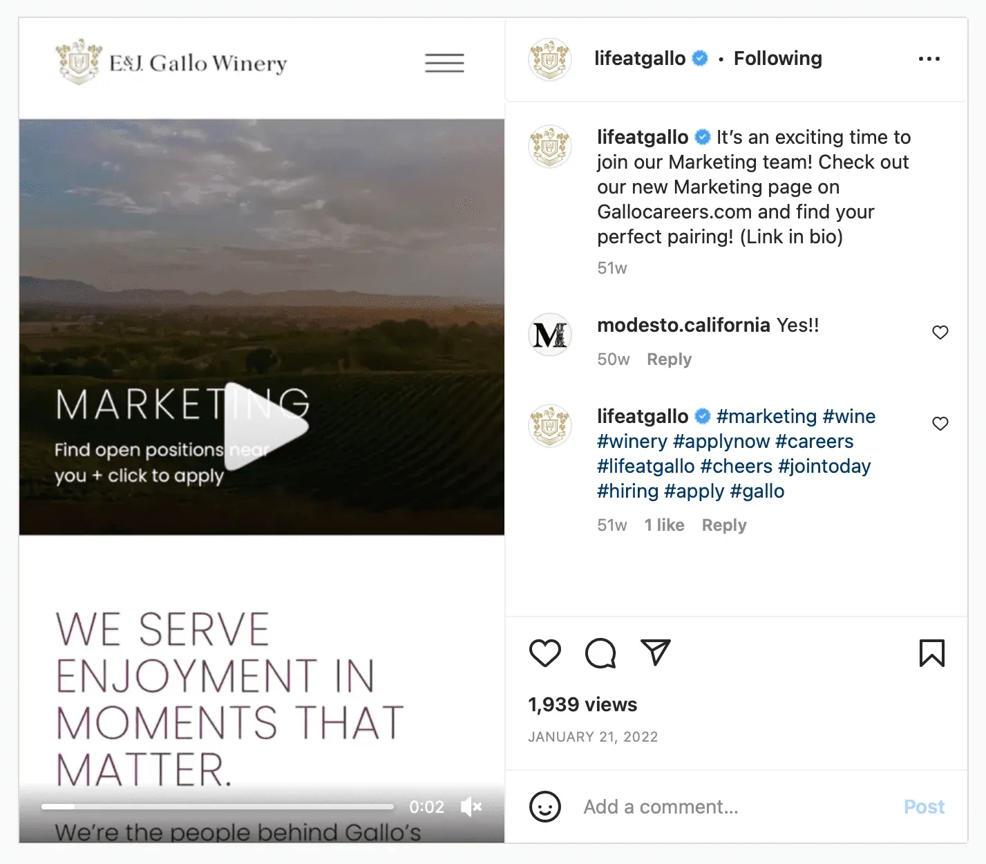 An example of a company using Instagram for recruiting