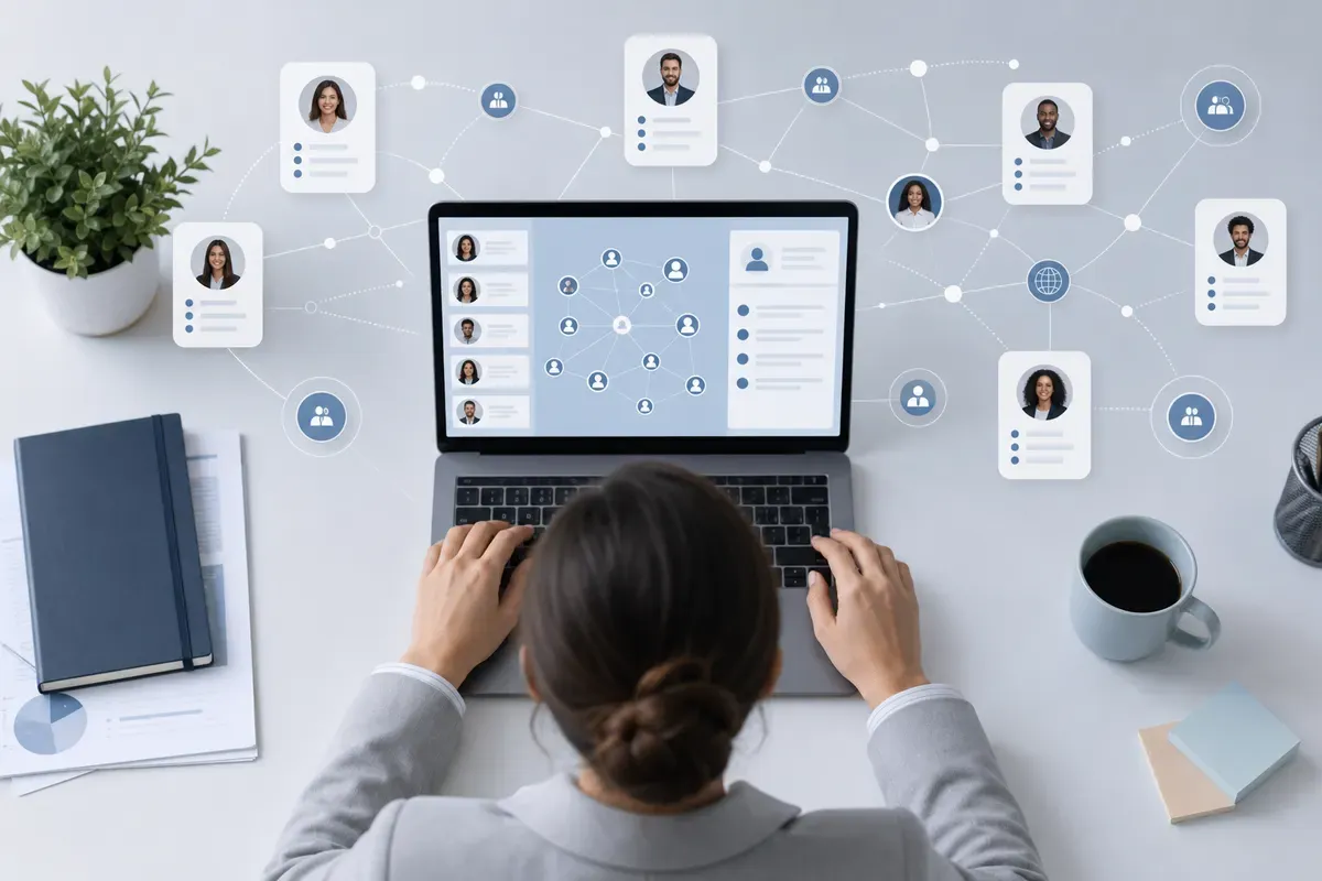A recruiter at a modern desk reviewing a digital dashboard with candidate profile cards and network connection lines flowing between nodes, representing outbound talent sourcing across multiple platforms, clean and professional office environment, soft blue and white color palette, top-down perspective illustration style