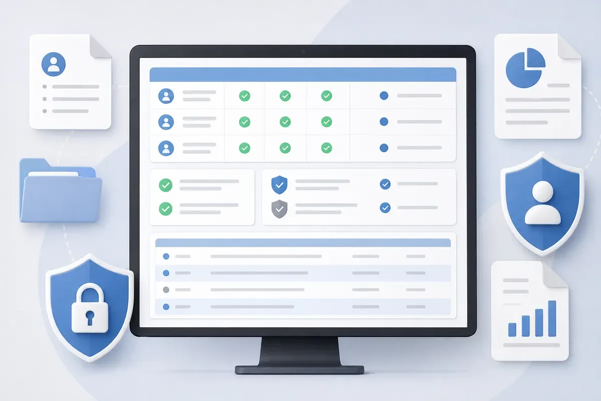 A professional overhead view of a clean digital compliance dashboard on a monitor, showing structured data tables with checkmarks and status indicators, candidate privacy consent logs, and audit trail rows, surrounded by abstract document icons and shield symbols representing data protection, soft neutral tones of blue and grey, modern flat illustration style, no people