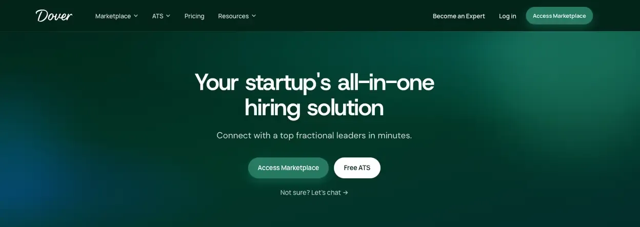The Dover homepage, offering a free ATS alongside its recruiter marketplace