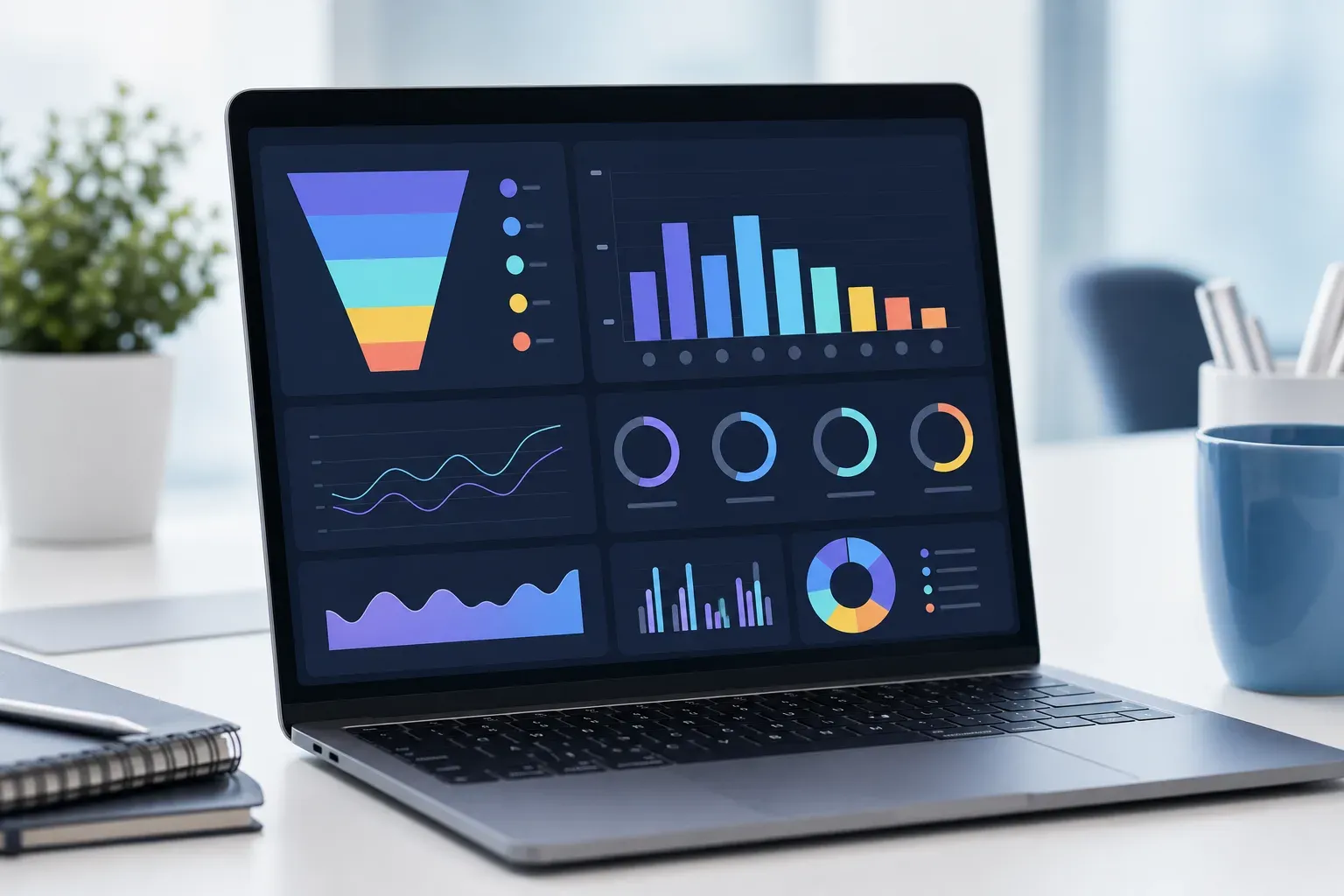 A modern recruiting funnel analytics dashboard displayed on a sleek laptop screen, showing pipeline conversion charts, bar graphs with candidate stages, and colorful data visualizations with circular progress indicators, set against a clean minimal office desk background with soft blue and white tones