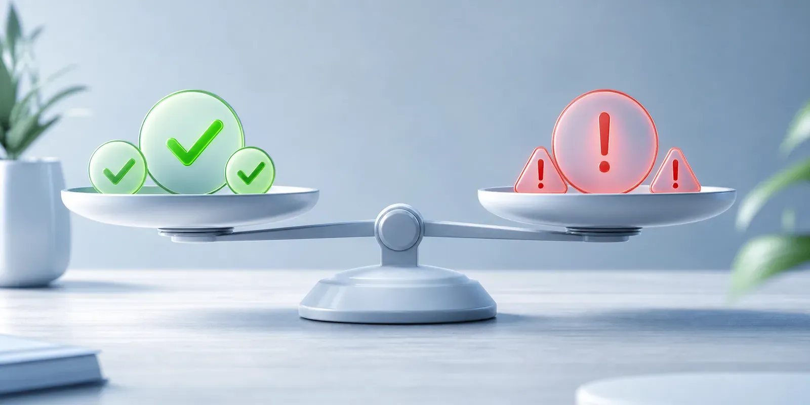 A clean, minimal flat-design illustration of two balanced scale pans side by side on a modern desk surface, one pan holding glowing green checkmarks and the other holding subtle red caution symbols, representing a balanced evaluation of software strengths and weaknesses, soft blue and white color palette, professional and modern aesthetic, no text or labels