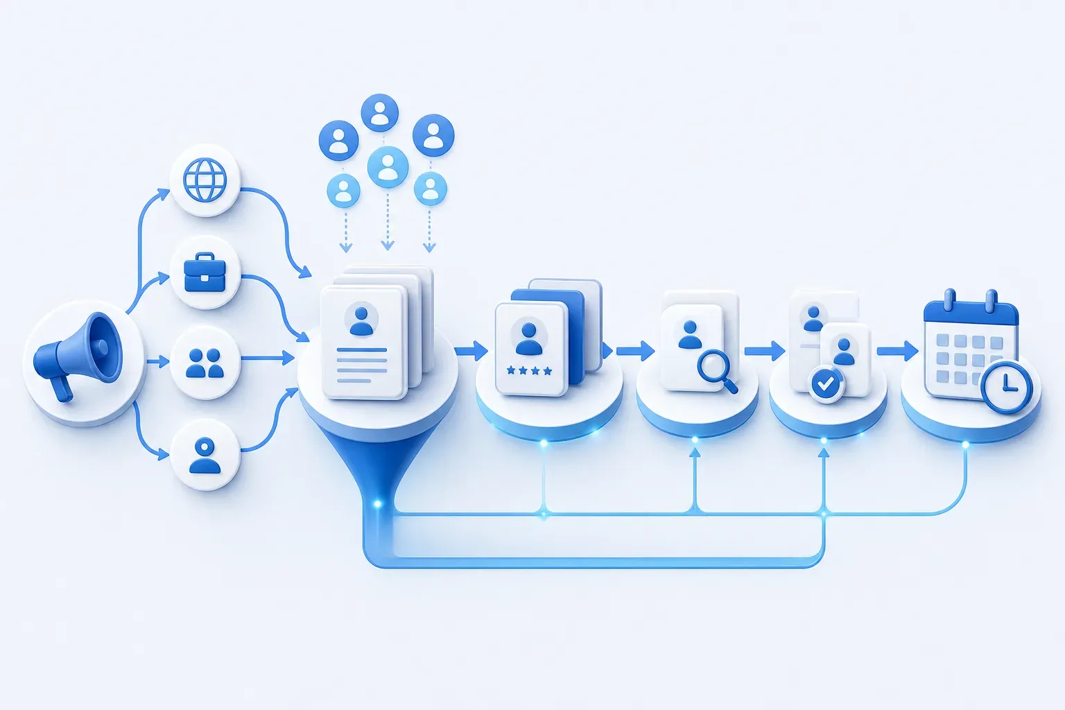 A digital hiring pipeline workflow: a job posting going out to multiple boards, applications flowing into a central hub, resumes being sorted, candidates moving through screening stages, and interviews being scheduled
