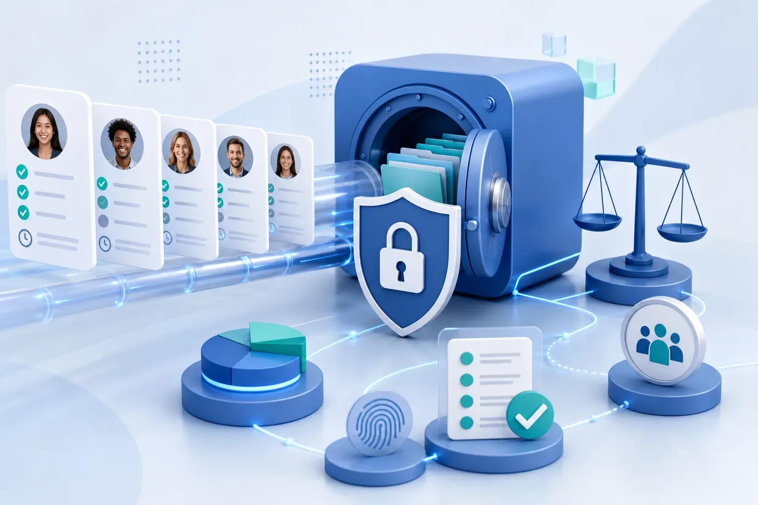 Candidate records organized into an auditable pipeline with checkmarks and timestamps, flowing into a secure vault alongside equal-opportunity balance scales and data-protection icons