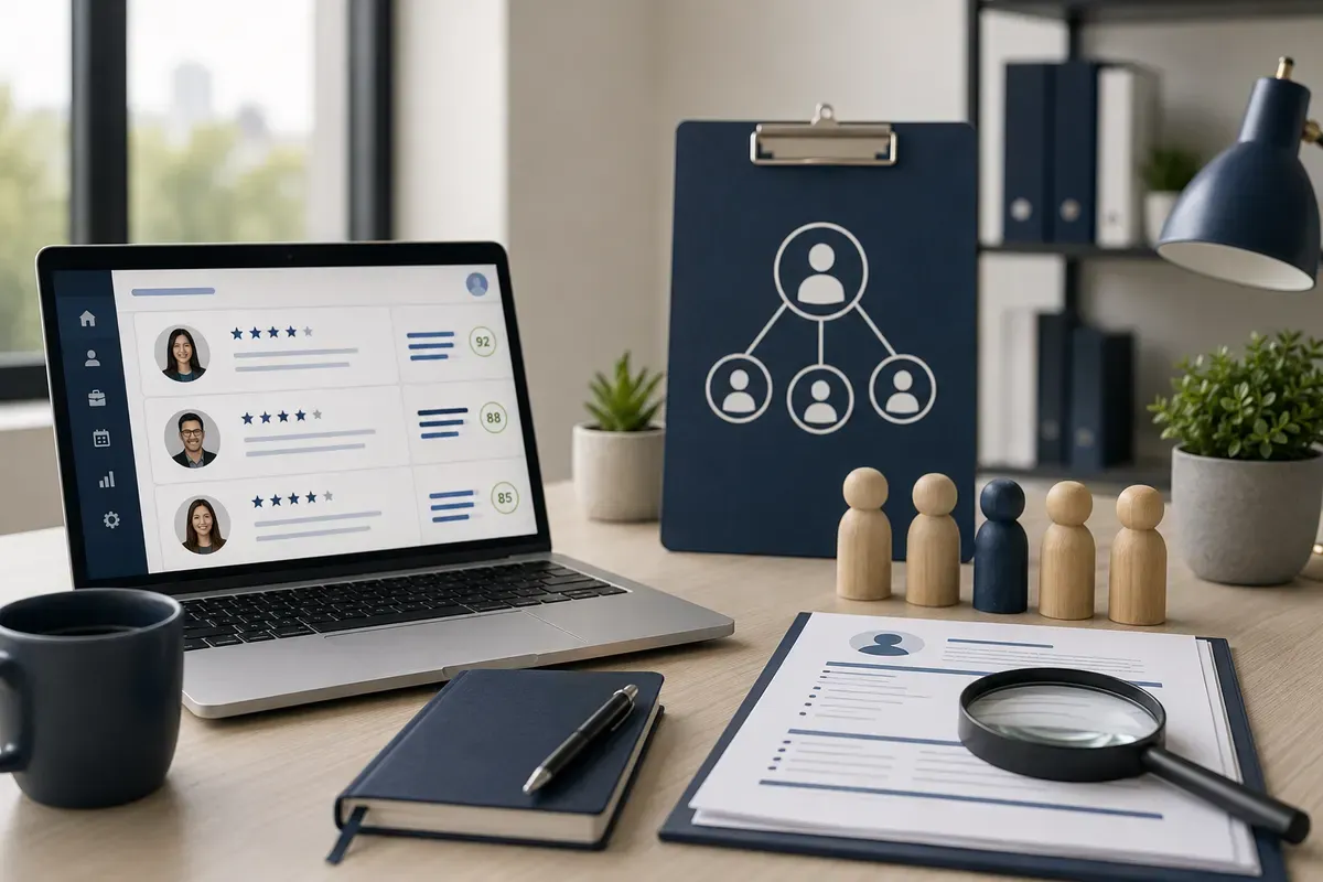 A laptop on a desk showing ranked candidate profiles with star ratings and match scores, beside a resume, a magnifying glass, and an org chart