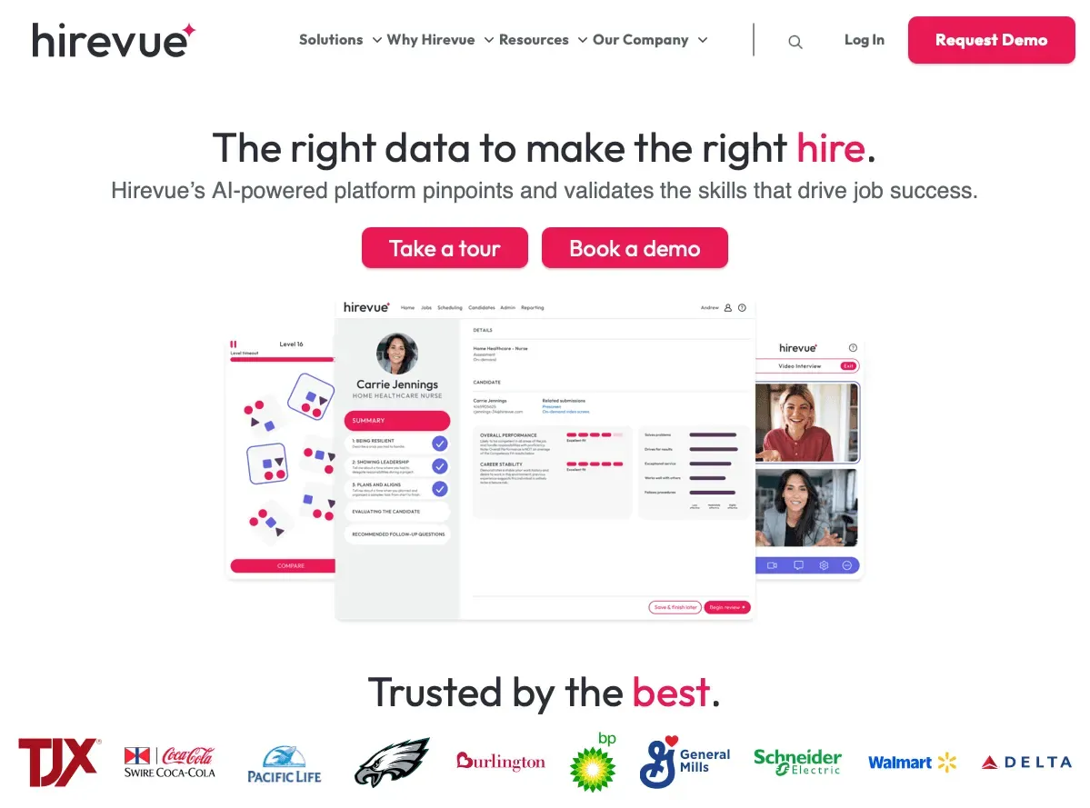 Screenshot of the HireVue homepage