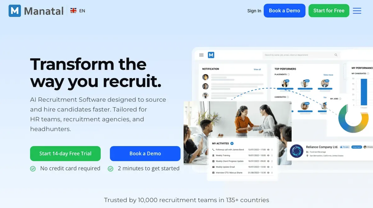 Screenshot of the Manatal homepage
