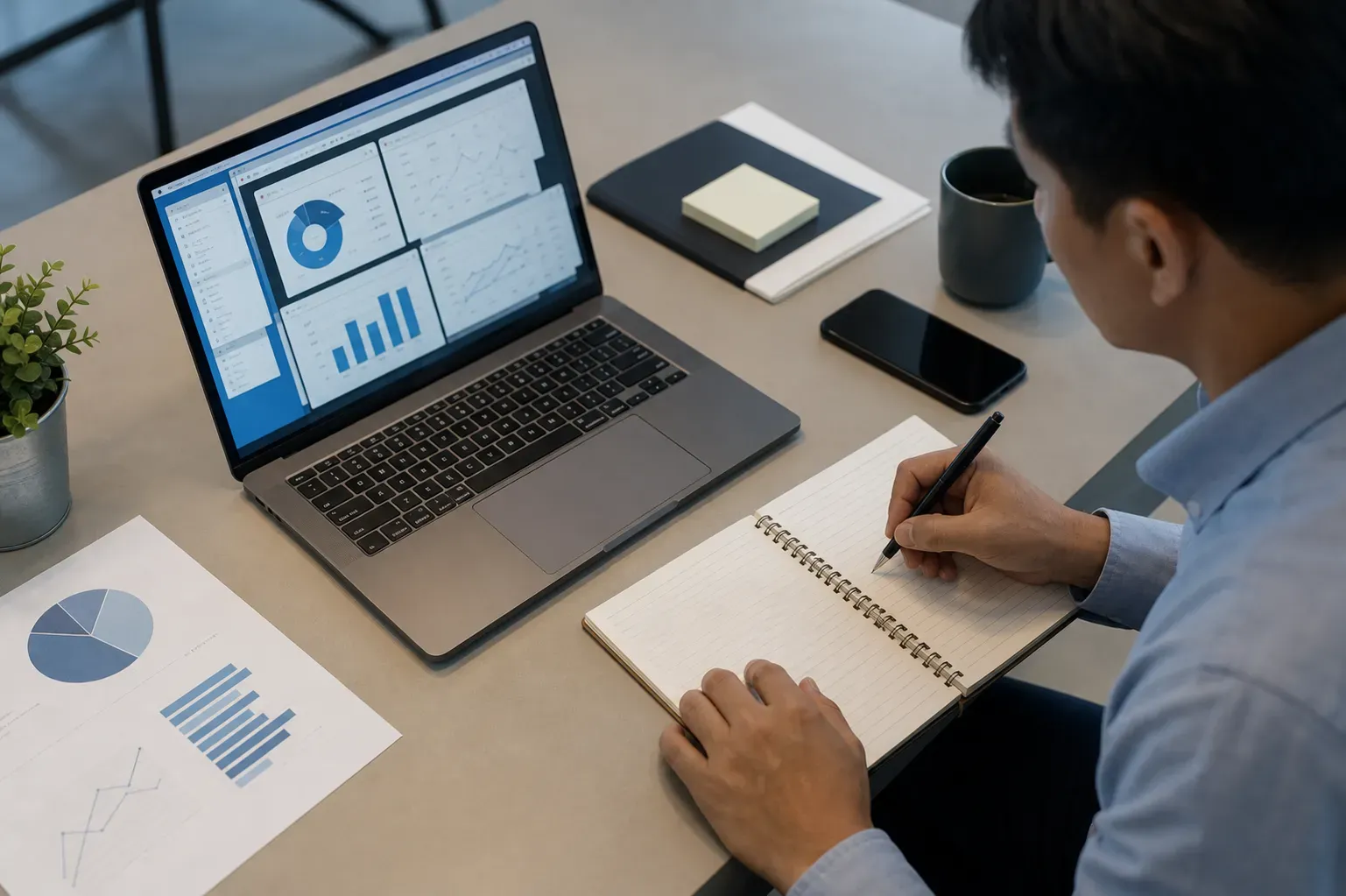 A focused professional sitting at a modern desk with a laptop, multiple browser tabs open showing charts and funding data, taking notes on a notepad. Soft office lighting, clean minimal workspace, top-down and slight side angle perspective. Muted blue and grey tones, photorealistic style.