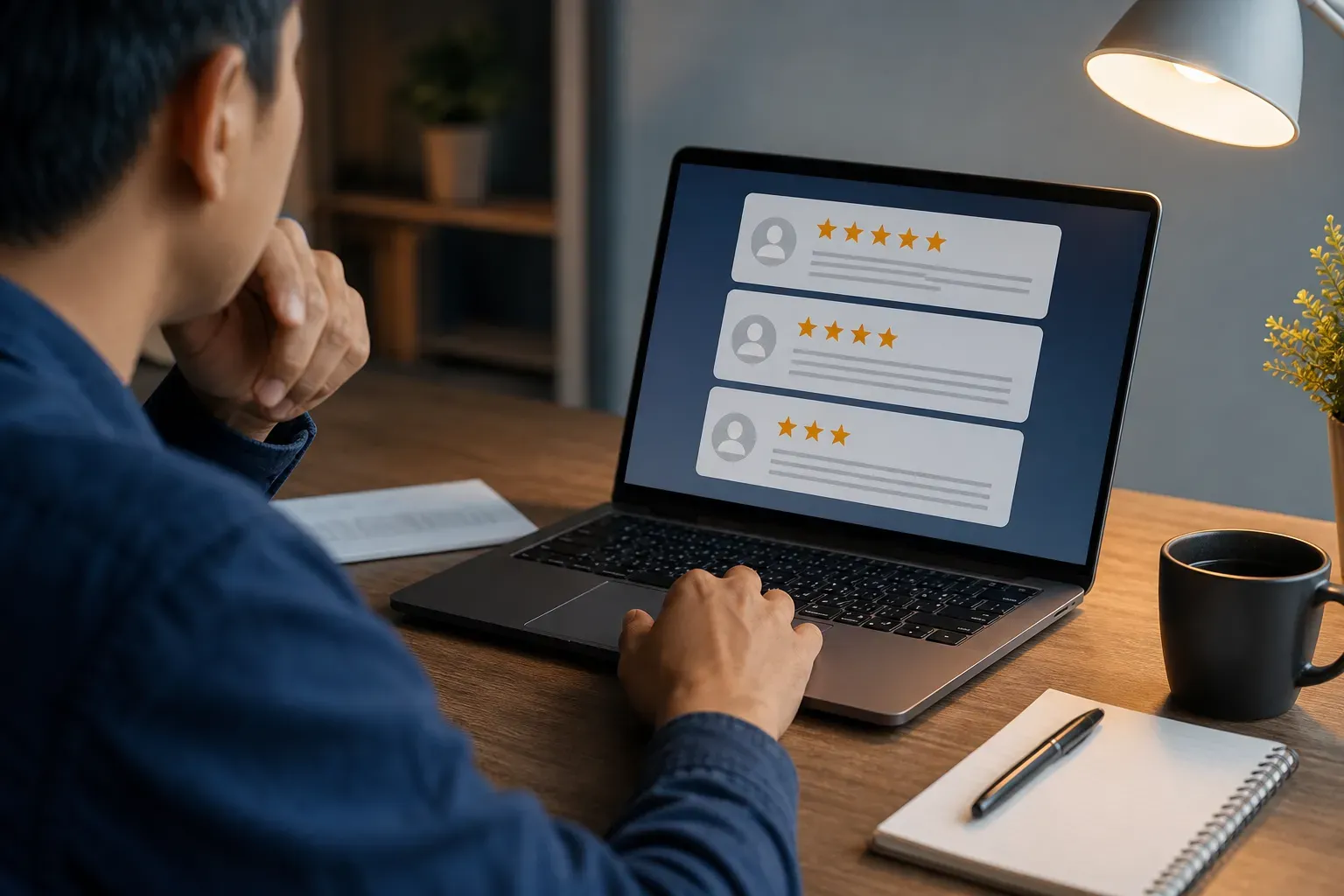A person sitting at a desk reviewing a laptop screen showing star ratings and review cards, with a notepad and coffee nearby. Warm office lighting, clean minimal workspace, soft focus background. Muted tones of blue, grey, and warm amber, photorealistic style, no text or words anywhere in the image.