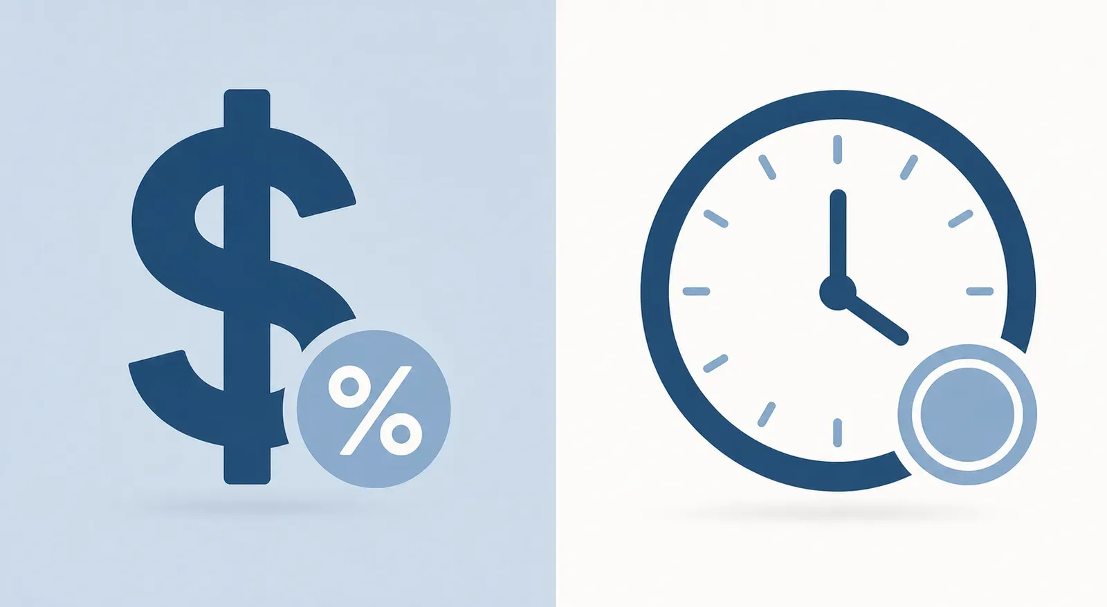 A dollar sign with a percent badge for contingency placement fees, beside a clock for fractional recruiting billed by time worked