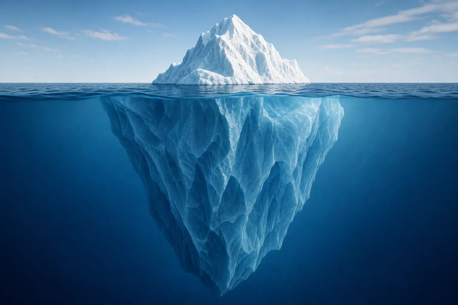 Iceberg illustration: direct recruiting spend above the waterline, hidden costs like vacancy drag and manager time below it