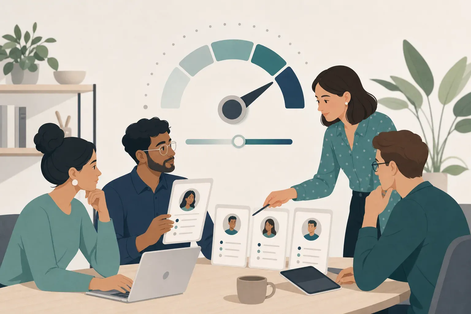 A clean, modern flat-style illustration showing a small startup team at a minimalist office desk reviewing a hiring pipeline. In the background, a flexible dial or slider graphic represents scaling recruiting capacity up and down. Muted professional color palette with teal, navy, and off-white. No text or labels in the image.