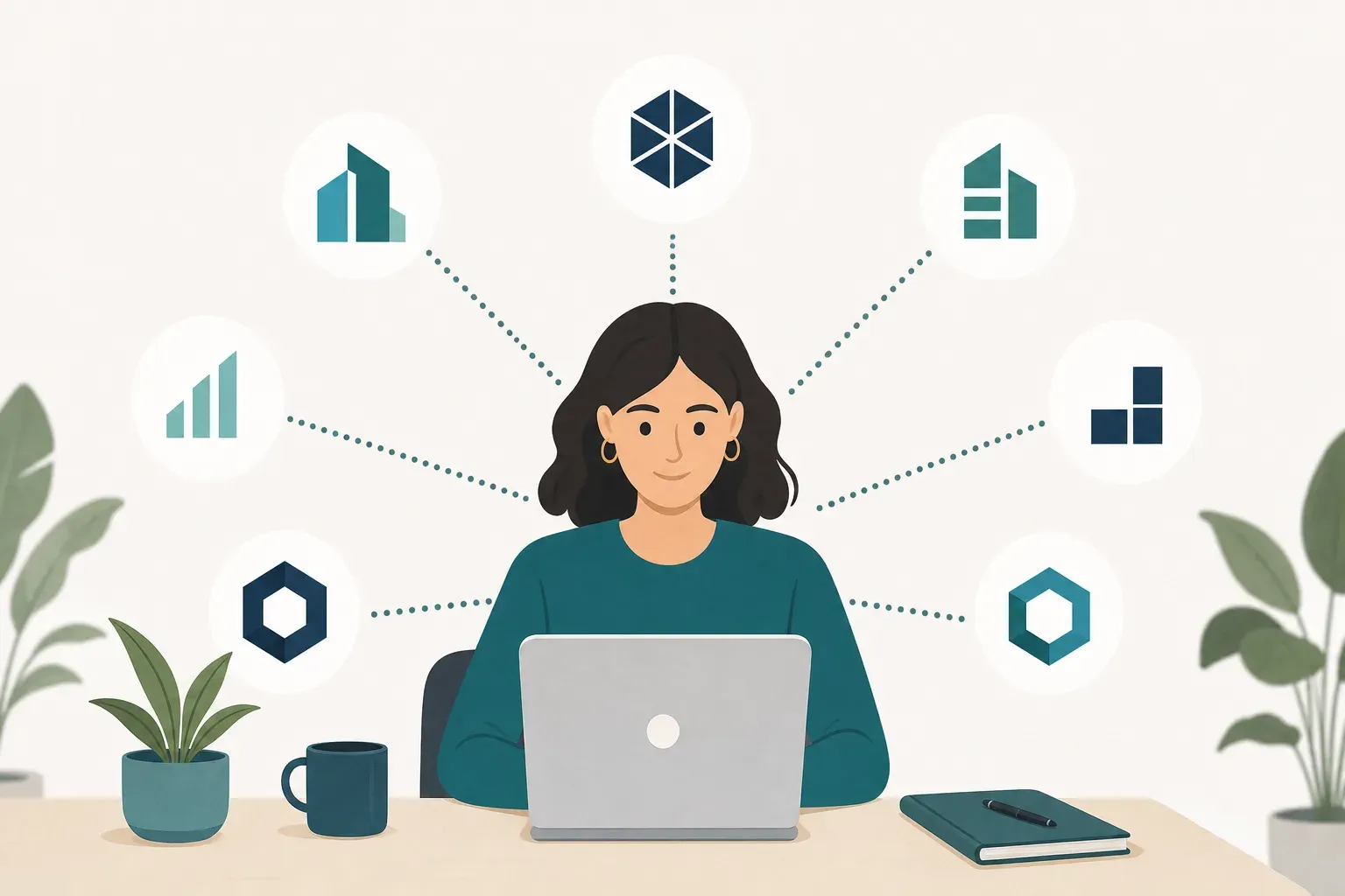 A clean, modern flat-style illustration showing a fractional recruiter working remotely with multiple startup clients simultaneously. Multiple small company logos connected by dotted lines to a central recruiter figure at a laptop. Muted professional color palette with teal, navy, and off-white. No text or labels in the image.