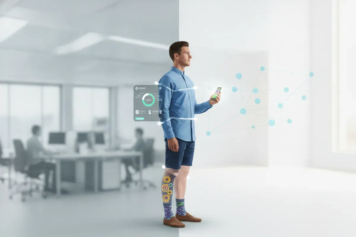 A recruiter standing in a bright office holding a phone, with a floating dashboard and a network of connected nodes beside them, representing part-time recruiting support plugged into a hiring team
