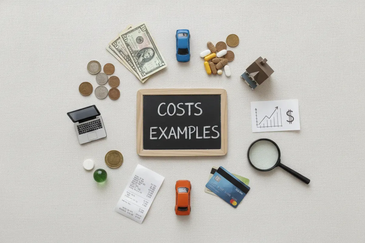 Flat-lay of cost items around a small chalkboard reading Costs Examples, including cash, coins, credit cards, a receipt, a laptop, and a magnifying glass