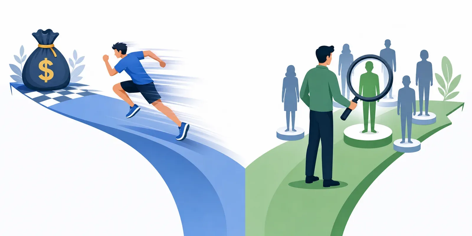 Two diverging paths contrasting a speed-focused recruiter racing toward a payout with one carefully evaluating candidates for fit