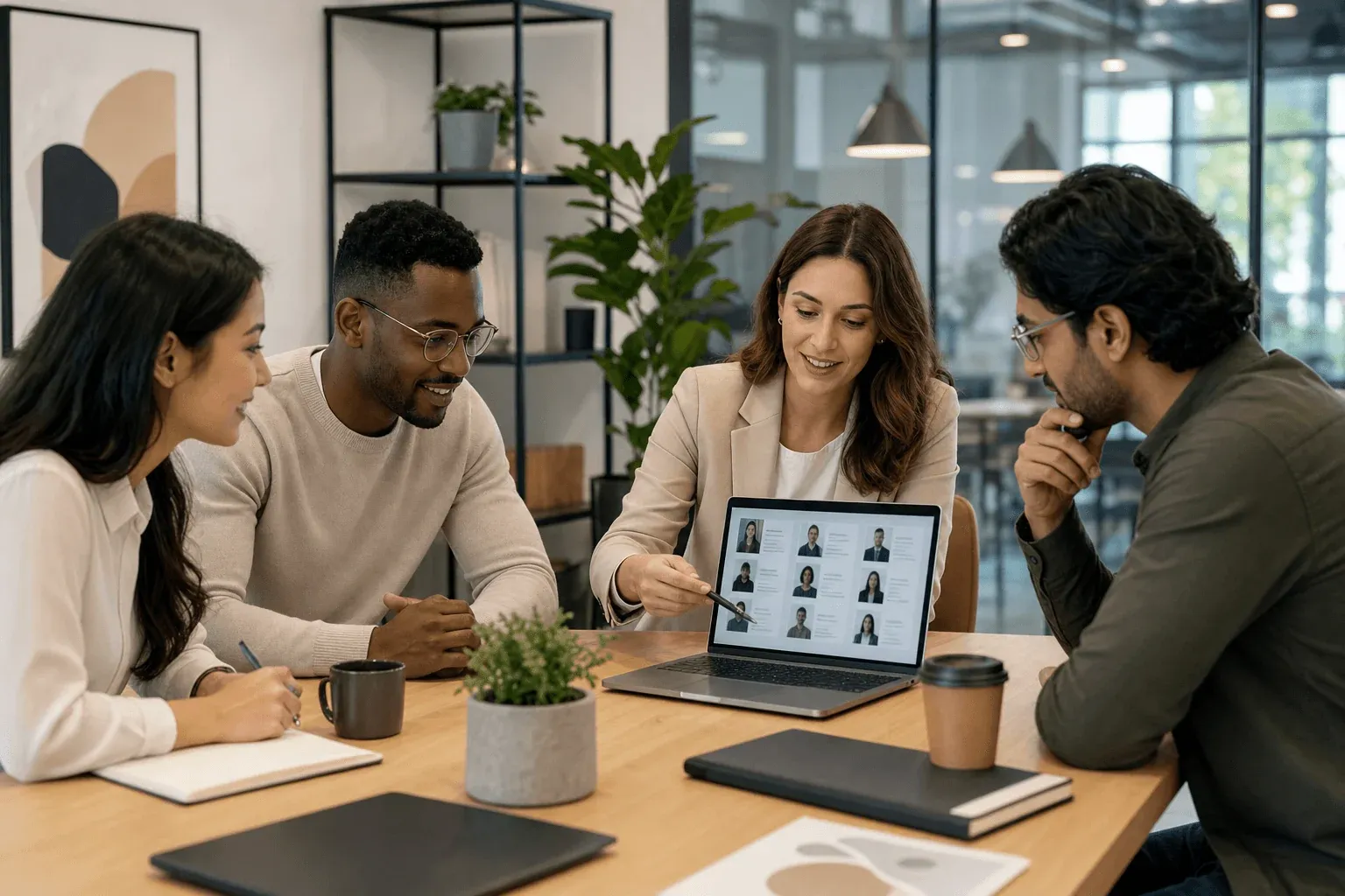 A professional recruiter collaborating with a startup team in a modern office setting, showing someone reviewing candidate profiles on a laptop while sitting at a table with team members, bright and clean workspace with minimalist design, business professional atmosphere, diverse team members engaged in hiring discussion