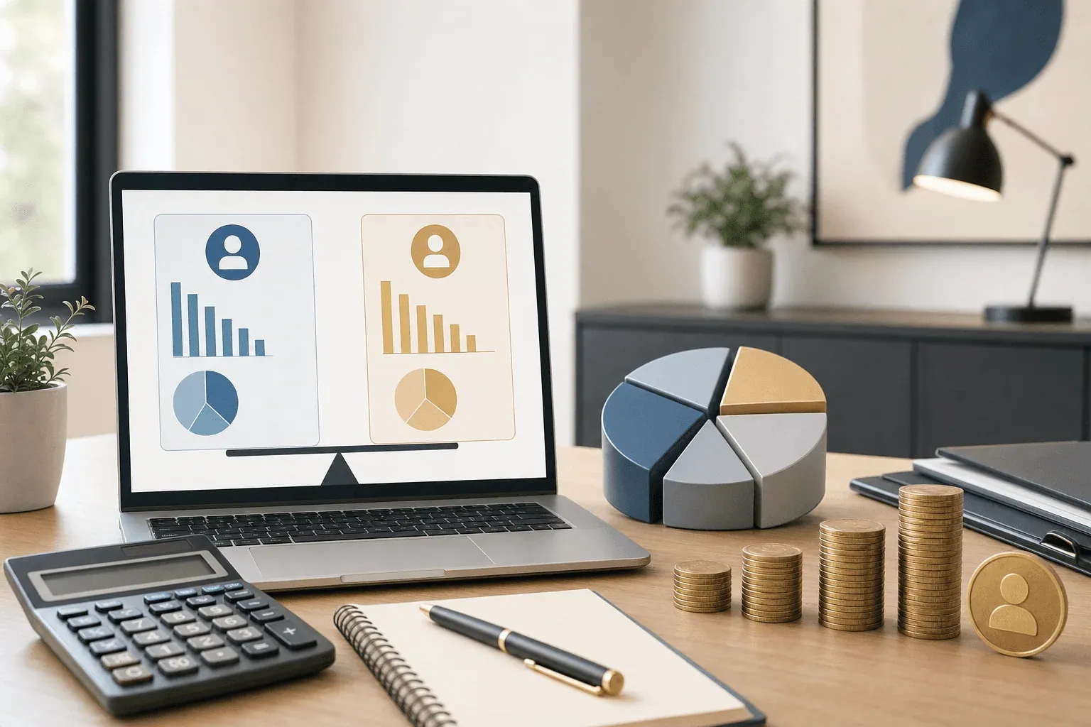 A clean, professional illustration showing cost comparison concept for recruitment services, featuring calculator or financial planning elements on a modern desk with laptop, charts showing budget allocation, coins or currency symbols, minimalist business setting with soft lighting, professional atmosphere conveying financial planning and cost analysis