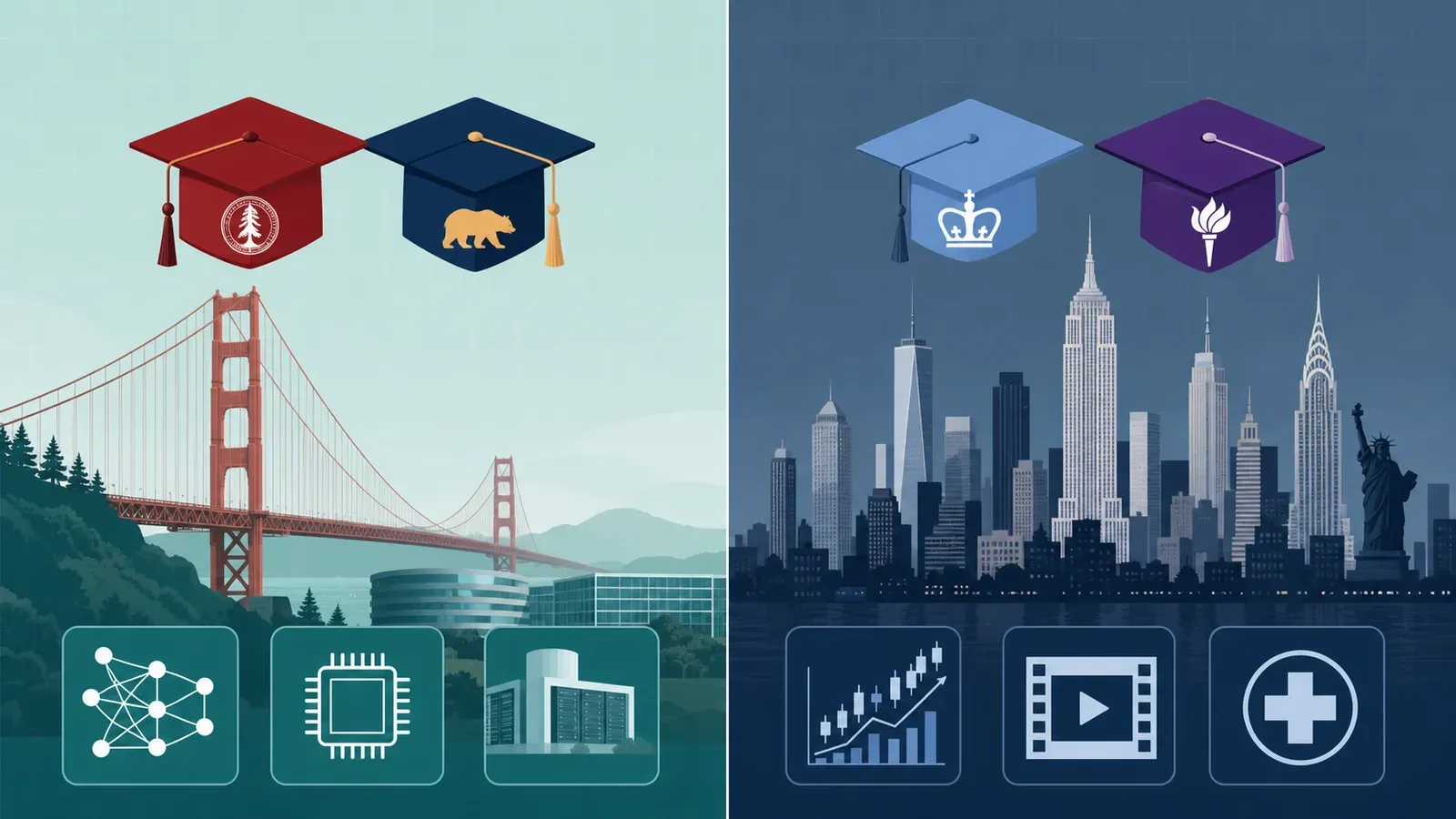 Side-by-side illustration of the San Francisco and New York City tech talent pools