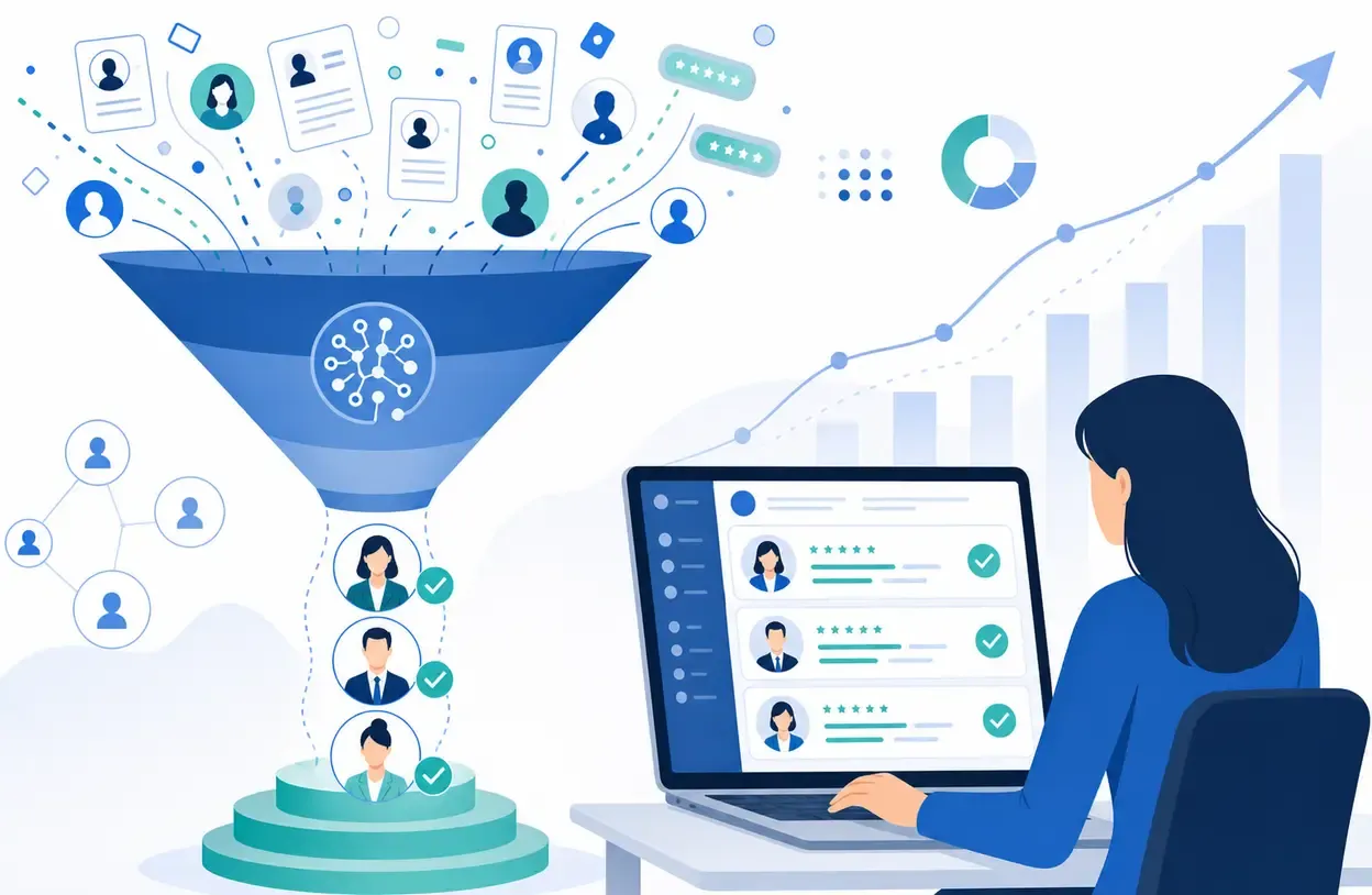 Candidate profiles flowing through an AI sourcing funnel into a ranked shortlist on a recruiter’s dashboard