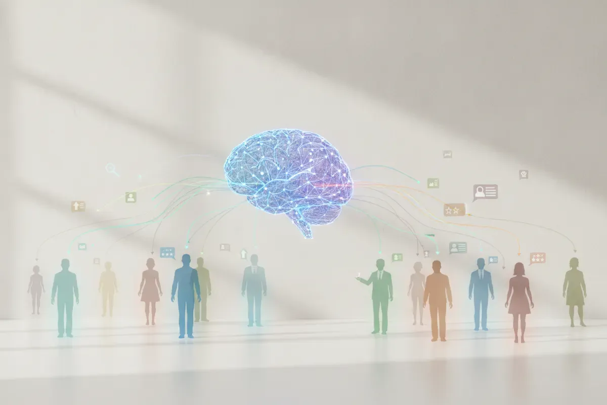 An illustrated network diagram of a glowing digital brain connected by arrows to a row of candidate silhouettes and profile, rating, and message icons, representing AI matching candidates to roles