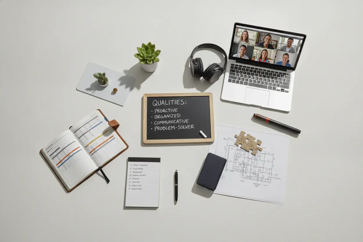 A desk laid out with a planner, notes, and a chalkboard listing executive assistant qualities