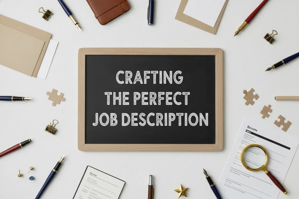 A chalkboard reading “Crafting the perfect job description” surrounded by resumes and pens