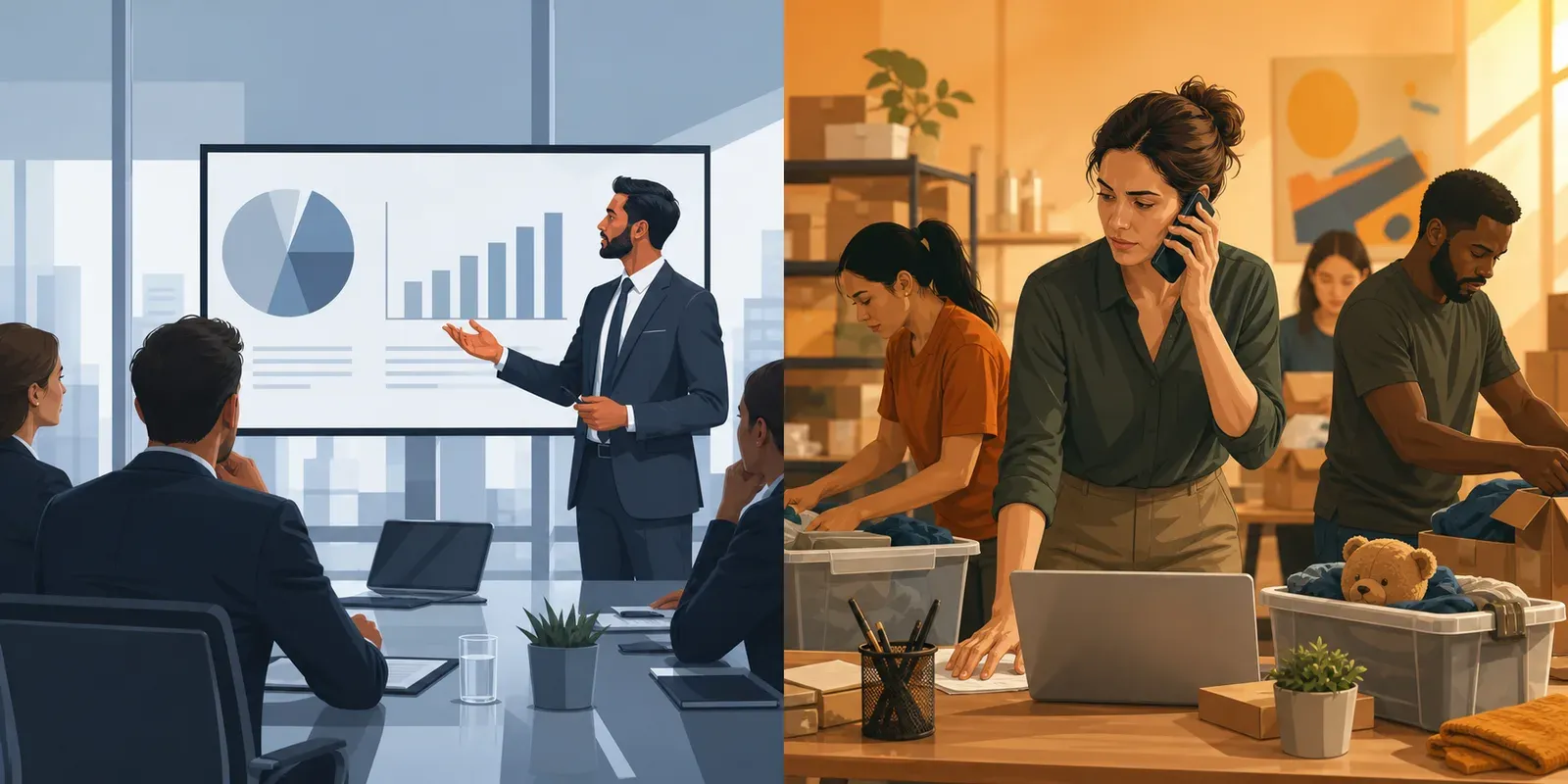 Split illustration: a consultant presenting slides in a boardroom beside an operator making hands-on decisions