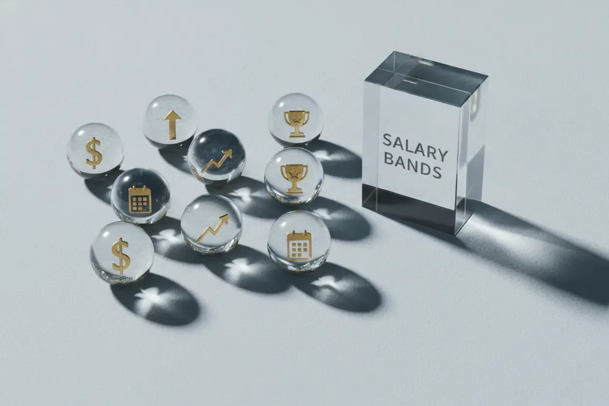 Salary bands laid out across role levels, showing the cash and equity split at each step