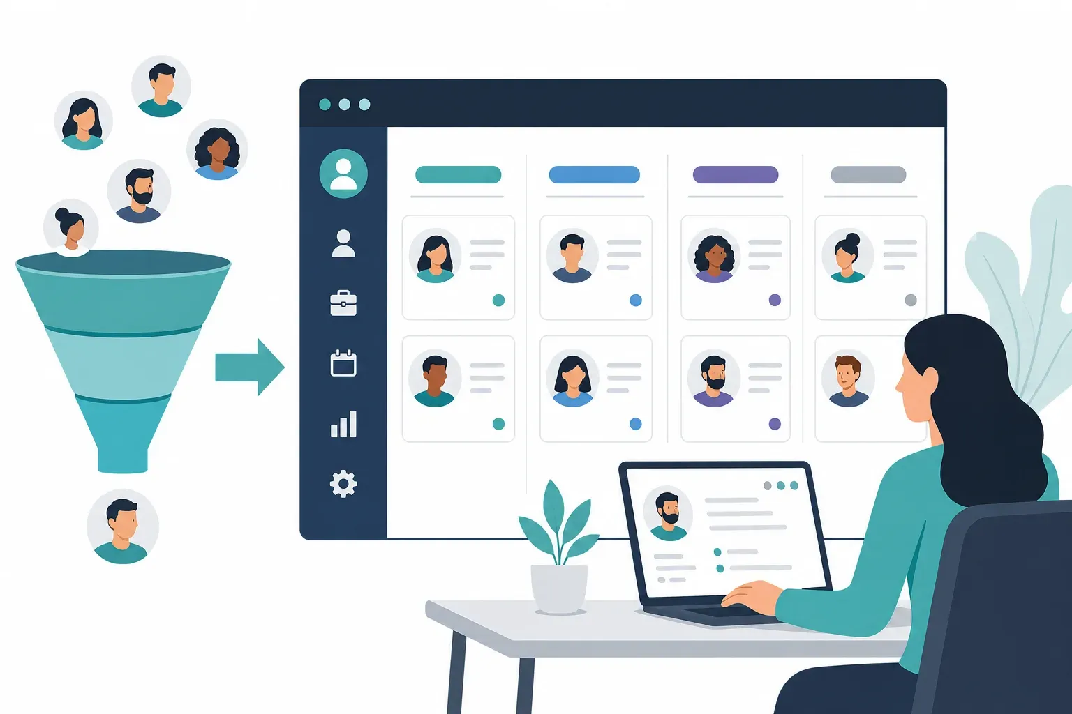 A clean, modern illustration showing a startup recruiting workflow: a funnel on the left labeled ‘Talent Pipeline’ feeding into an ATS dashboard in the center, with candidate cards tagged by role and stage, and a recruiter reviewing the organized pipeline on the right. Flat design style, muted teal and navy color palette, white background, no text overlays.
