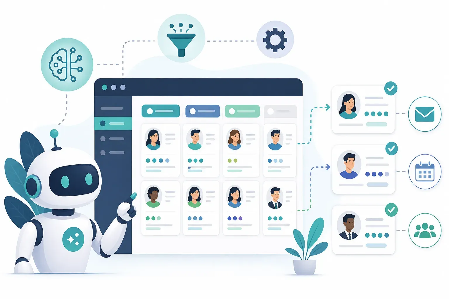 A modern flat illustration showing AI-powered recruiting: a robot assistant connected to an ATS dashboard with candidate cards being automatically sorted and tagged by skill and seniority. Icons representing email outreach, calendar scheduling, and pipeline stages float around the interface. Muted teal and navy color palette, white background, clean minimal style, no text overlays.