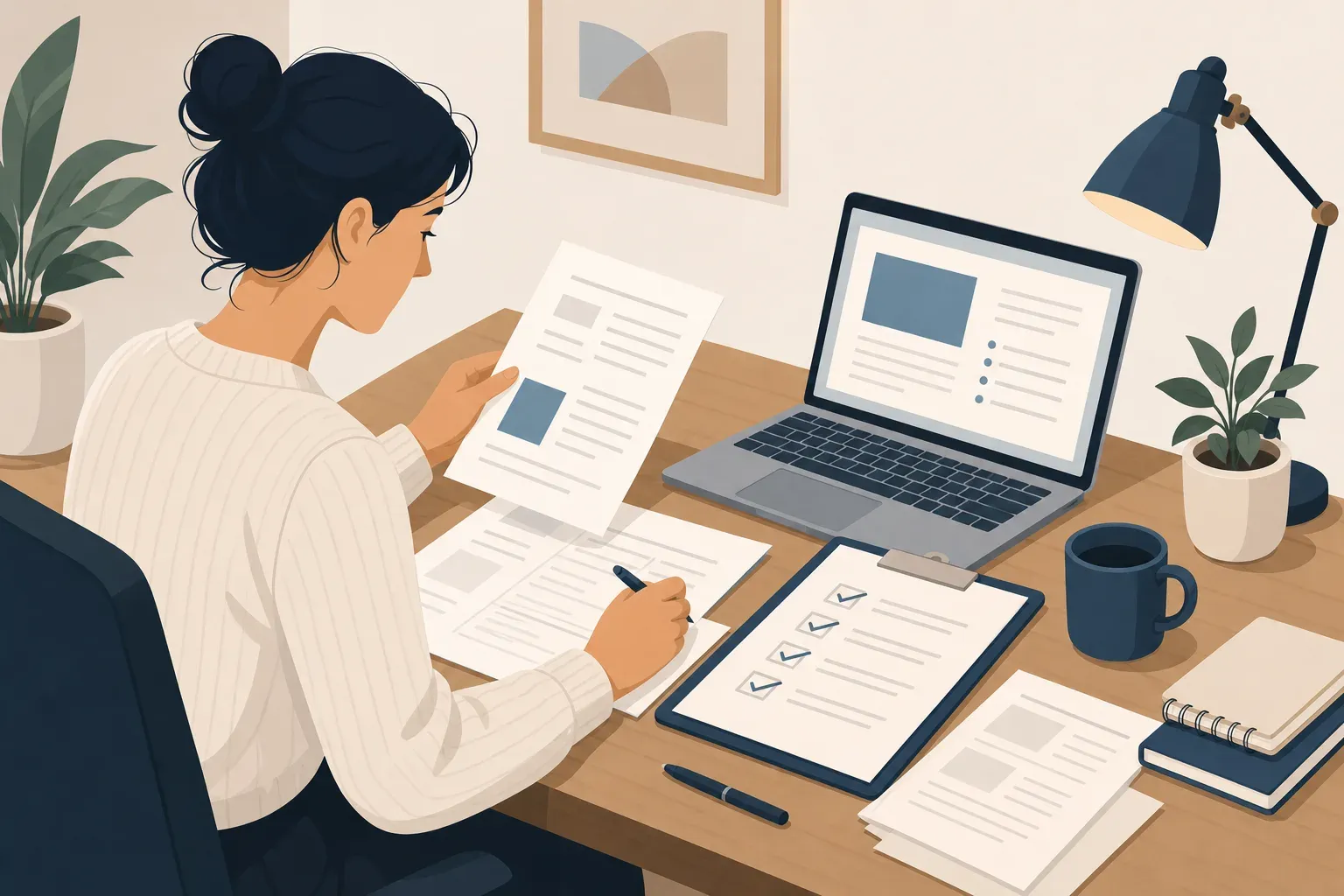 Illustration of a person at a desk working methodically through documents and a checklist