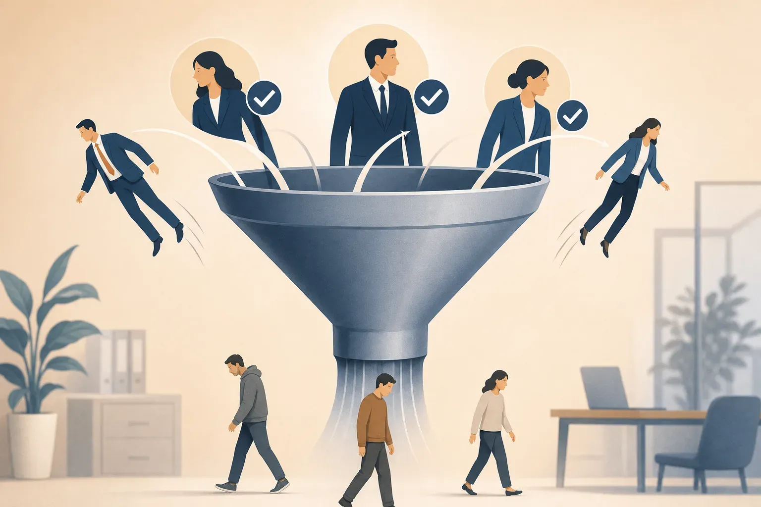 Illustration of a hiring funnel turning qualified candidates away while unqualified ones pass through