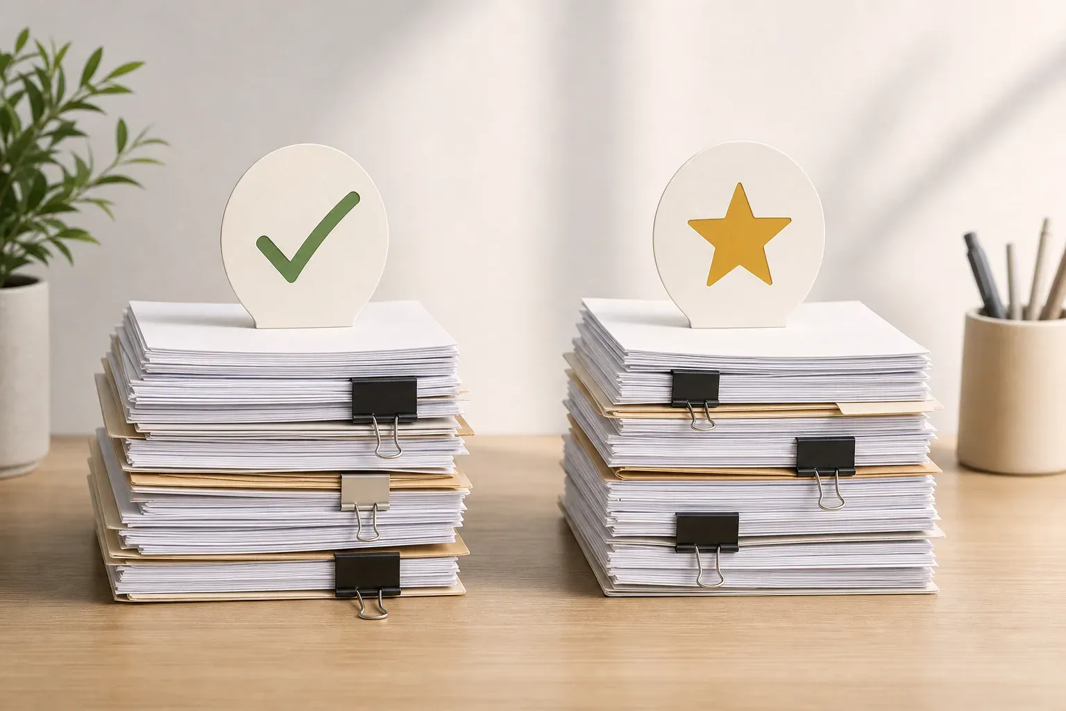 A clean, minimal flat illustration showing two distinct organized stacks or columns of documents on a desk — one stack neatly labeled with a checkmark symbol and the other with a star symbol, representing two categories of requirements. The scene has a calm, professional office atmosphere with soft neutral tones, a light background, and subtle shadows. No people, no text, no words, no letters anywhere in the image.
