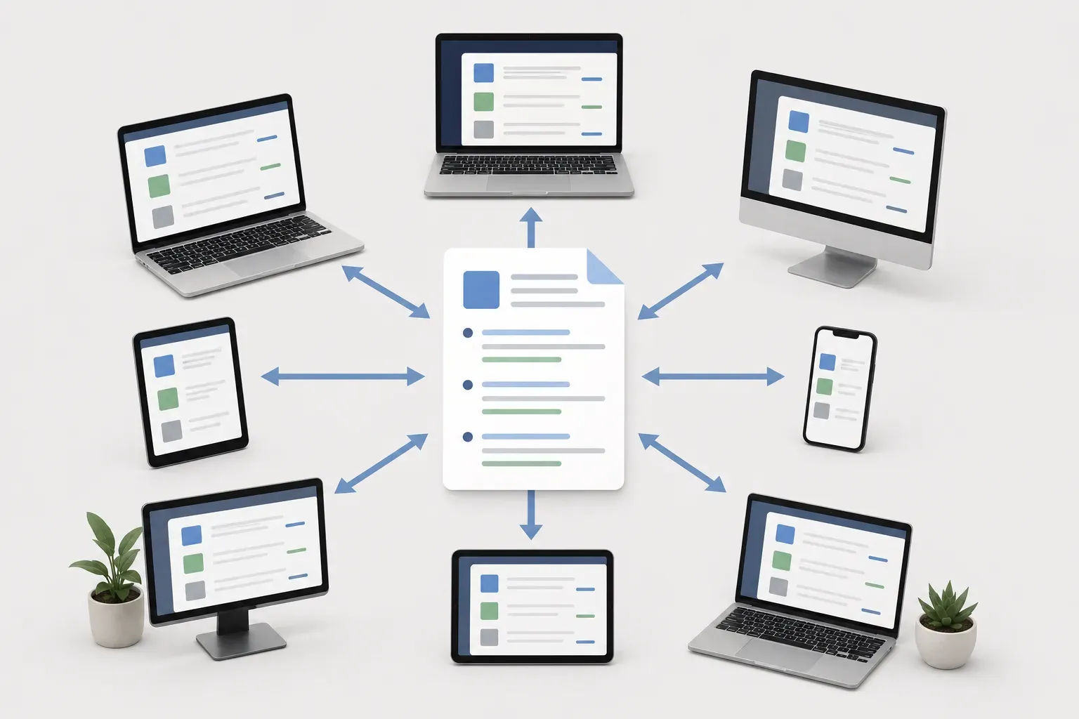 A flat illustration of a central document with multiple arrows radiating outward to various digital screens and devices — laptops, tablets, and desktop monitors — each displaying a job listing interface. The scene uses a clean, minimal style with soft neutral tones and subtle blue and green accents. No people, no text, no words, no letters anywhere in the image.