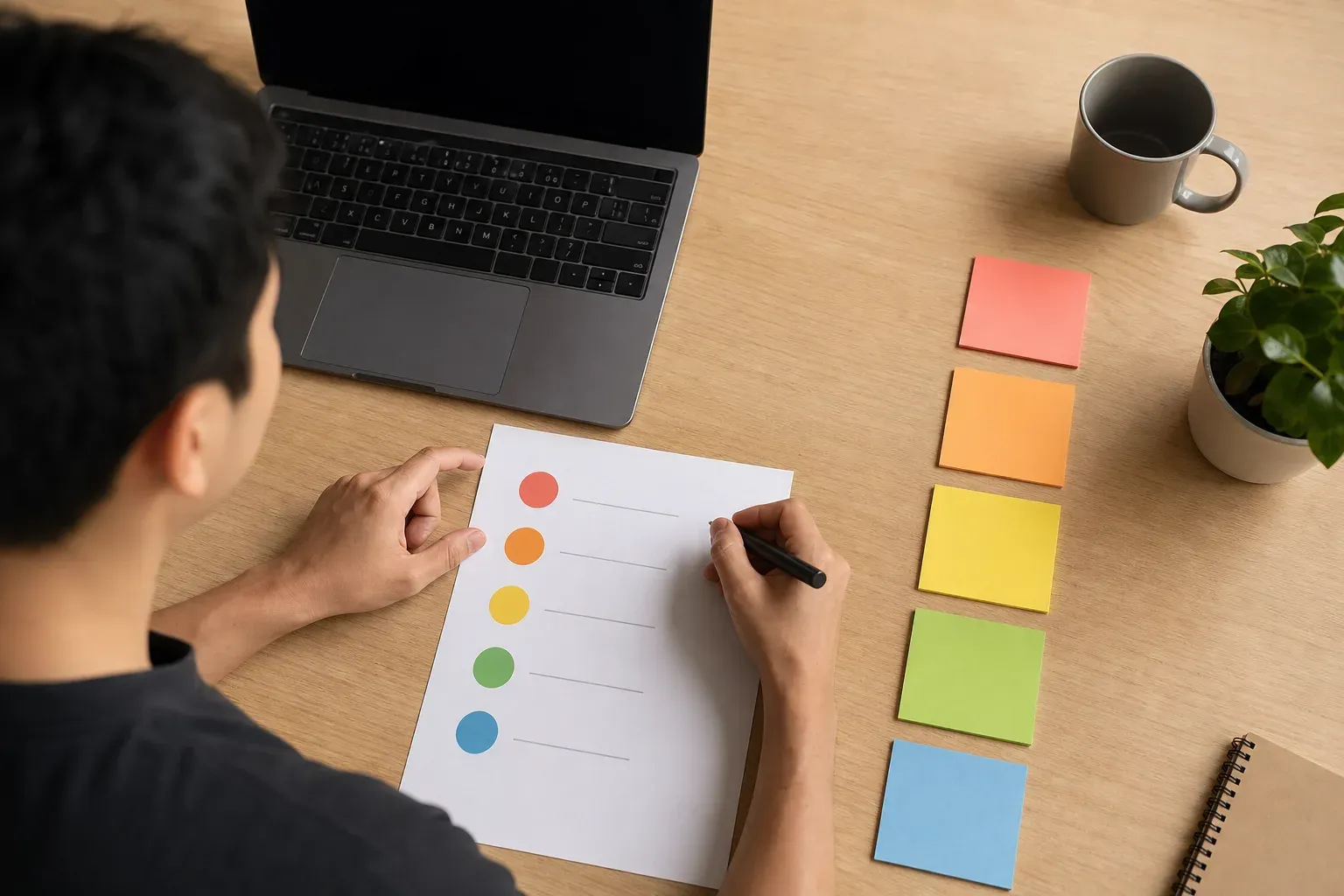 A clean, modern top-down desk scene showing a startup founder reviewing a structured priority list on paper beside a laptop, with sticky notes arranged in a ranked order on a minimalist wooden desk. Warm, focused lighting. No text, no words, no letters anywhere in the image.