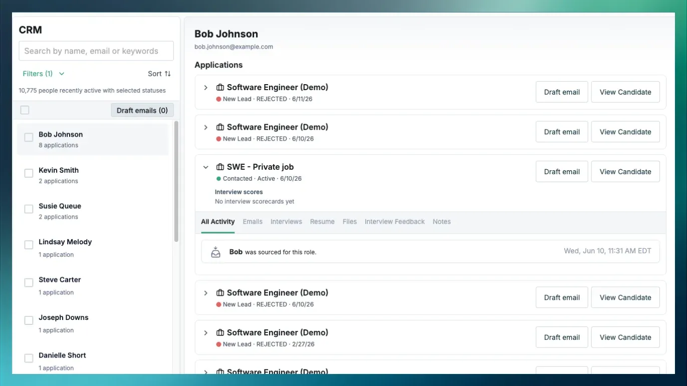 The Dover CRM, listing candidates across every role with their applications