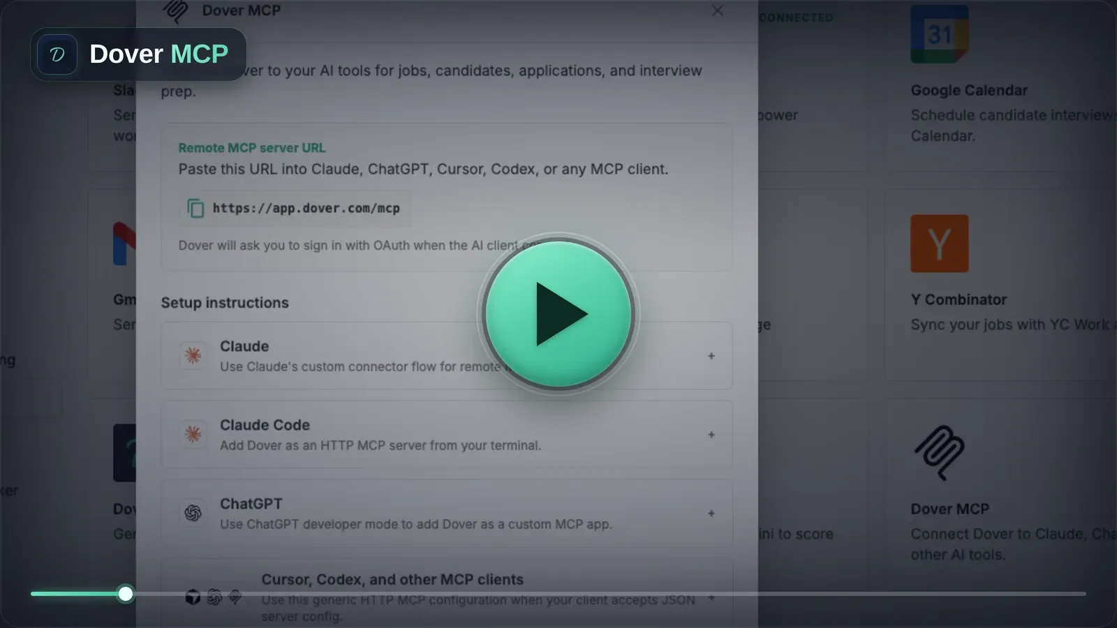 The Dover MCP setup screen, with the remote server URL and client instructions