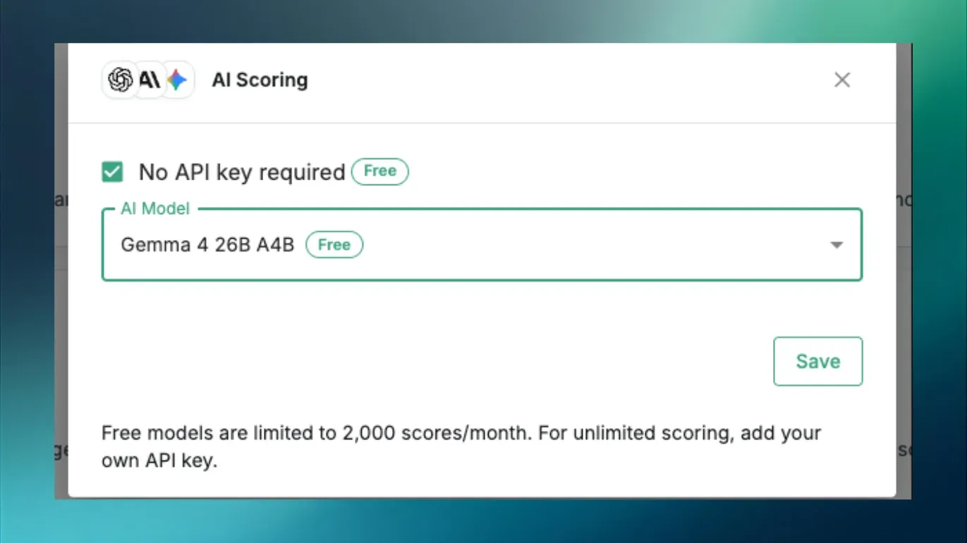 The AI Scoring model picker, showing a free model selected with no API key required