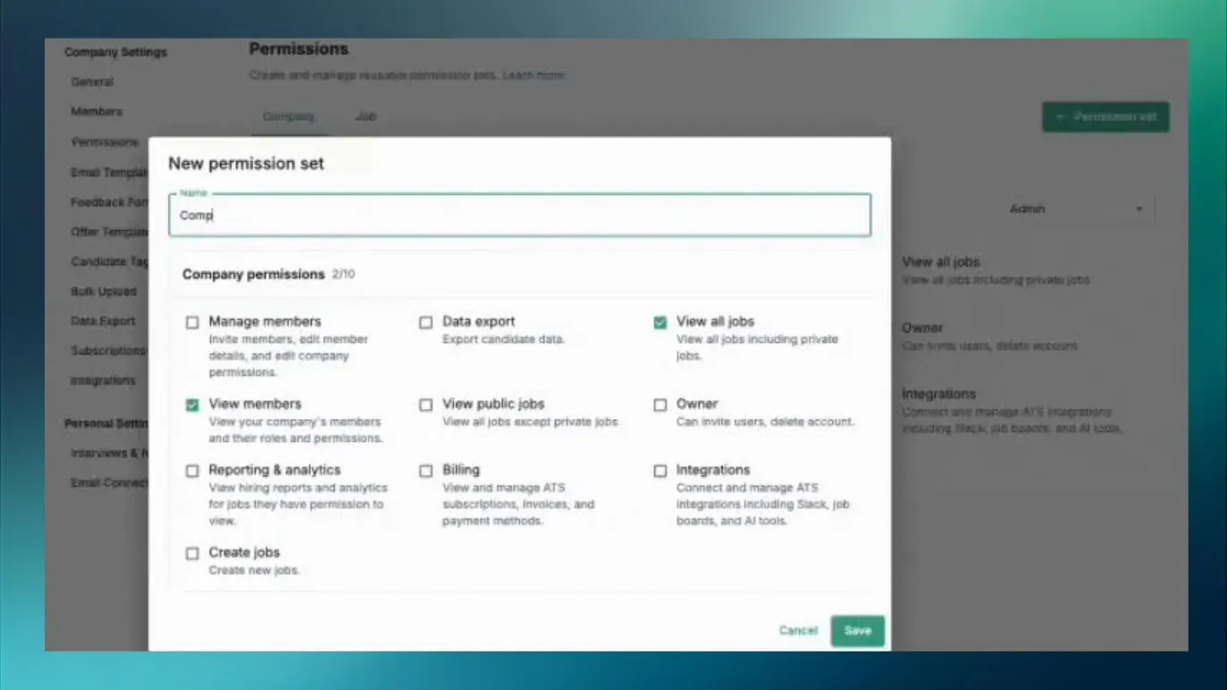 Creating a new permission set, with company permissions listed as checkboxes