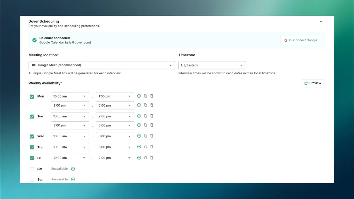 Dover Scheduling settings showing weekly availability blocks per day