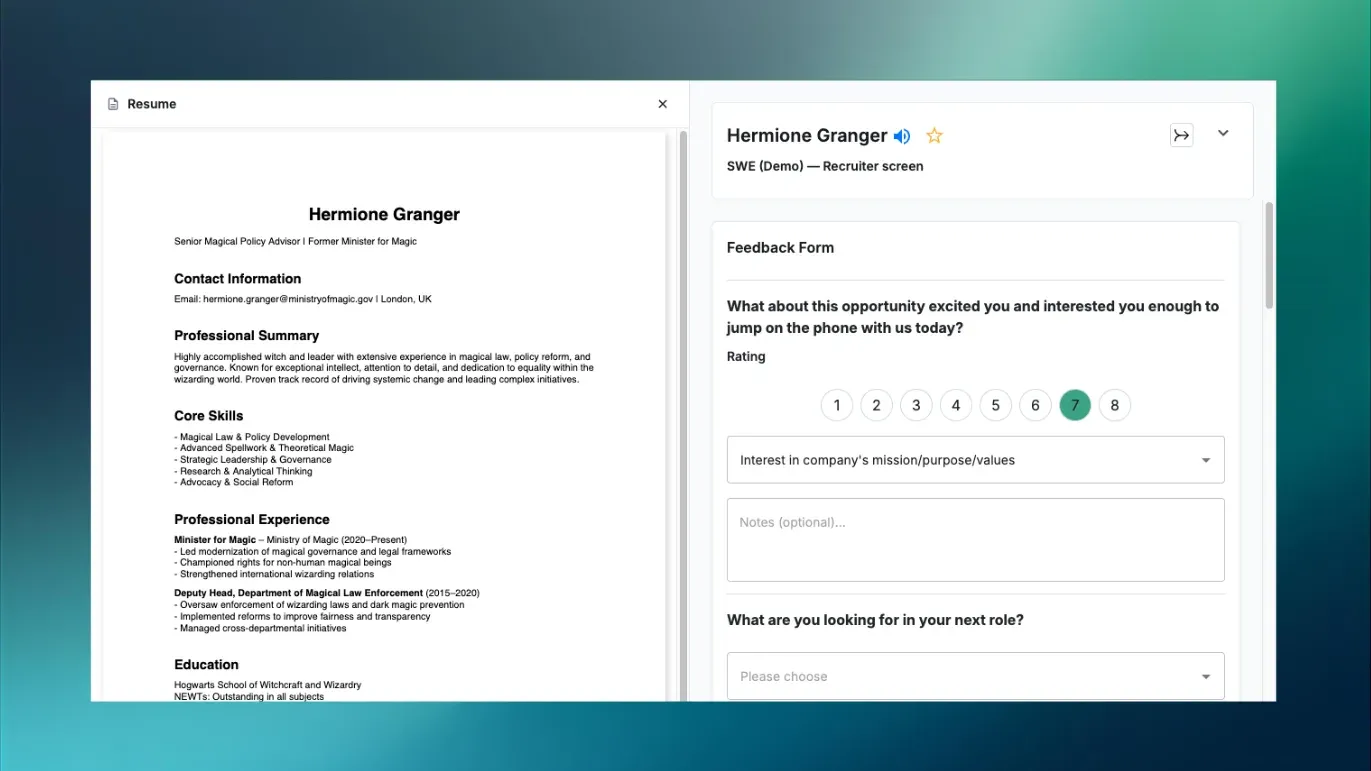 A candidate resume open beside the interview feedback form