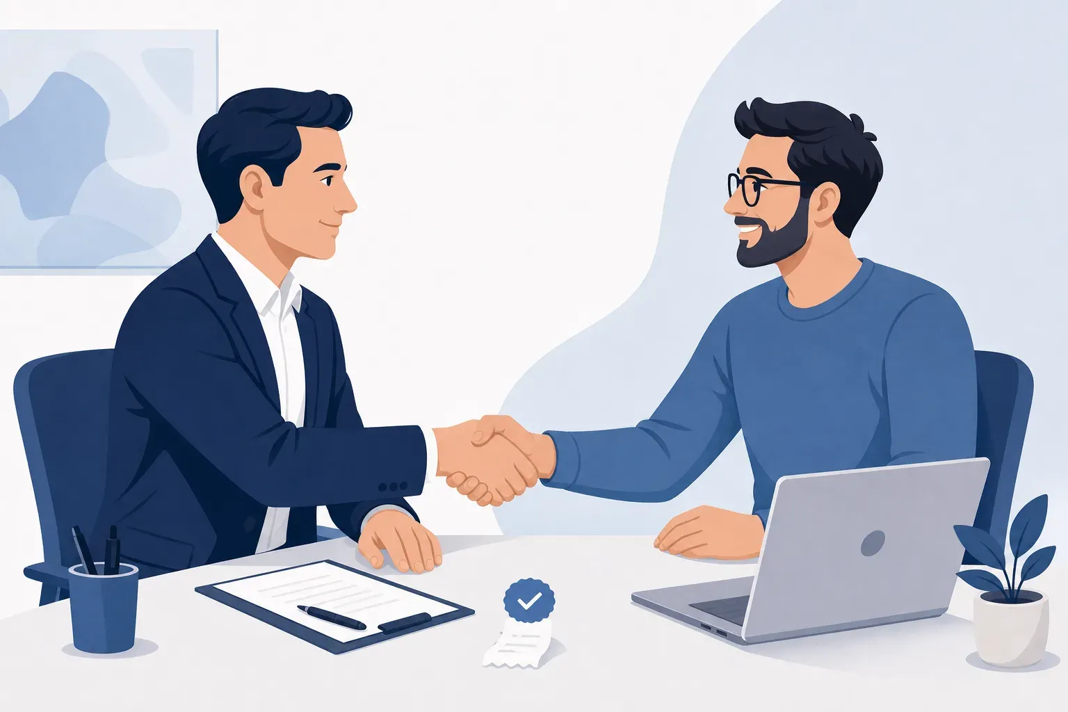 A clean, modern illustration showing a recruiter and a startup founder shaking hands across a desk, with a small deposit receipt labeled ‘refundable’ on the desk. Minimalist flat design, light background, professional business setting, muted blue and white color palette.