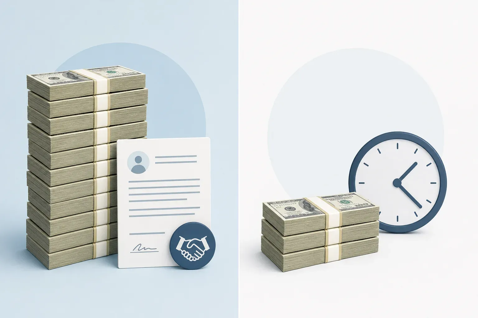 A clean, modern infographic illustration comparing traditional recruiting agency costs vs. fractional recruiting costs. Two columns side by side: left shows a large stack of money labeled ‘$22,500–$45,000 per hire’ with a contract document; right shows a smaller, manageable stack labeled ‘$2,000–$7,000 per hire’ with a simple hourly clock icon. Minimalist flat design, muted blue and white color palette, professional business style, light background.