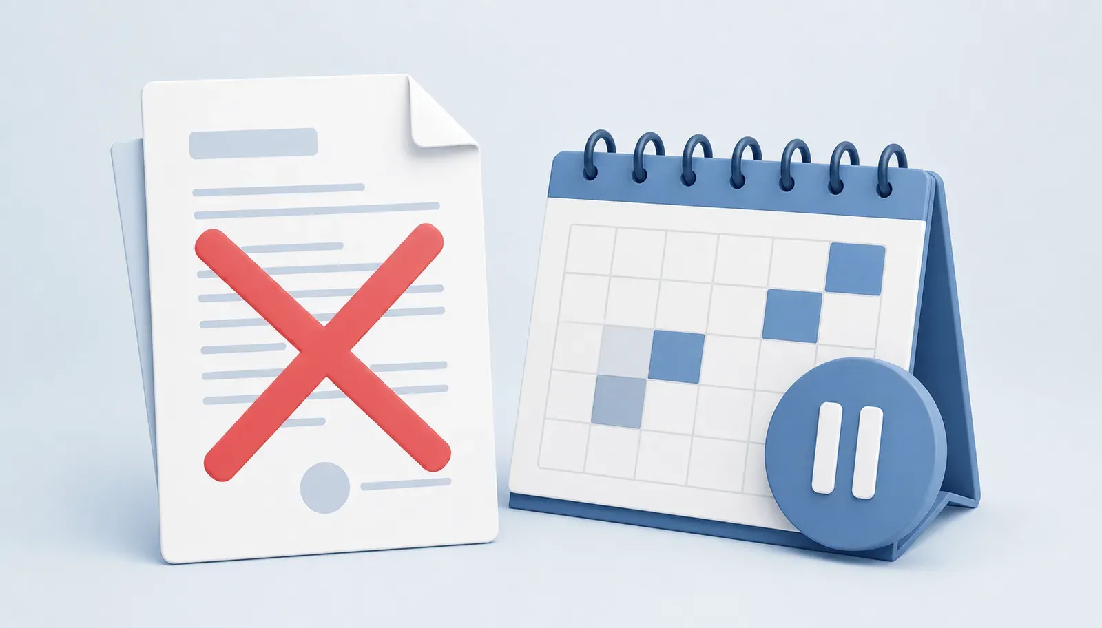 A clean, modern flat illustration showing a contract document with a large red X through it next to a flexible, open calendar with a pause button icon. Represents contract-free, flexible recruiting engagement. Minimalist style, muted blue and white color palette, light background, professional business aesthetic.