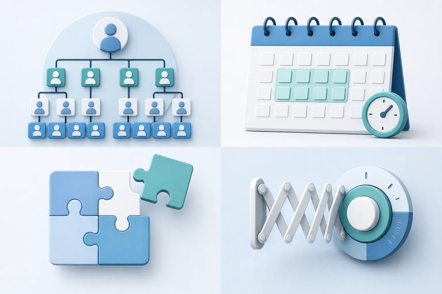 A clean, modern flat-design illustration showing four distinct recruiting engagement models arranged in a 2x2 grid layout. Each quadrant contains a unique visual metaphor: a large interconnected organizational chart representing full-cycle outsourcing, a calendar with a defined time bracket representing a project-based engagement, modular puzzle pieces partially assembled representing selective outsourcing, and a flexible accordion or expandable dial representing on-demand scaling. Soft blue and teal color palette on a light background, no text or labels anywhere.