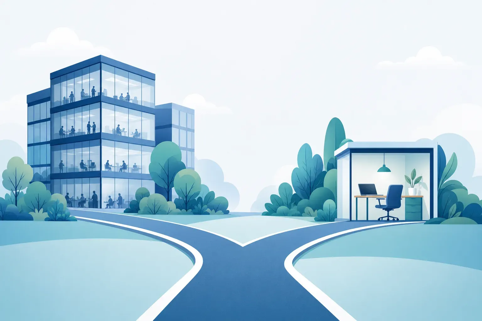 A clean flat-design illustration showing two distinct hiring paths diverging from a central fork in the road. The left path leads to a large structured office building with interconnected teams and organizational layers, representing enterprise-scale recruiting infrastructure. The right path leads to a small agile workspace with a single desk and modern laptop, representing flexible on-demand recruiting. Soft blue and teal color palette on a light background, no text or labels anywhere, minimalist modern style.
